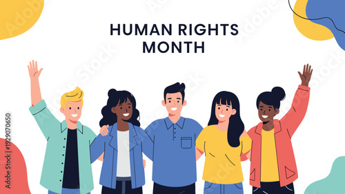 Human Rights Month illustration featuring a diverse group of people standing together with raised hands in a show of solidarity.