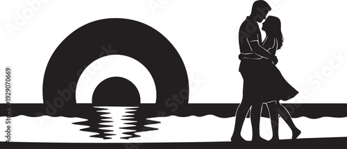 Couple walking on beach silhouette, romantic pose, vector