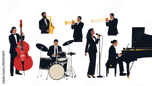 Silhouettes of a jazz band including a singer a pianist a drummer a bassist and brass players against a white background.