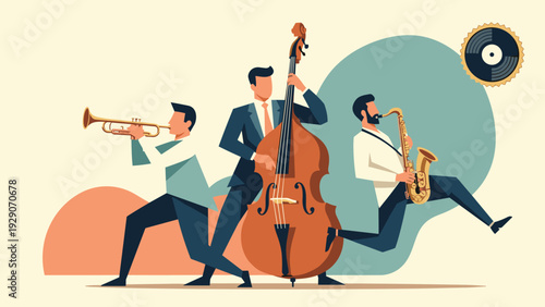 Jazz band performance featuring musicians playing trumpet, double bass, and saxophone against a retro background with a vinyl record icon.