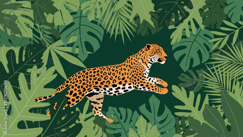 Leopard prowling through a dense tropical jungle filled with various green exotic leaves and plants in a flat vector illustration style.