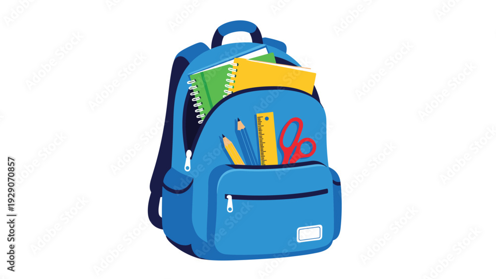 Naklejka premium Blue school backpack filled with colorful notebooks, pencils, a ruler, and scissors ready for the new academic year.