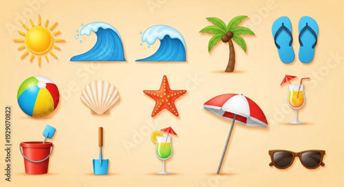 Summer beach vacation elements, sun, waves, palm tree, flip flops, beach ball, seashell, starfish, umbrella, drinks, sunglasses.