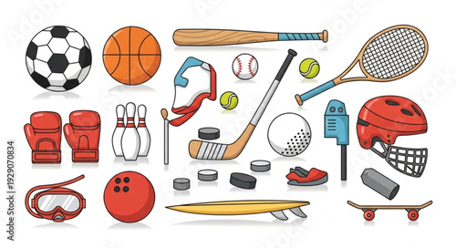 Collection of various sports equipment and gear for recreational activities.