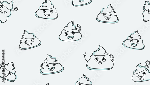 Fun and humorous pattern of cute poop emojis with various facial expressions like smiling, laughing, winking, and being angry.