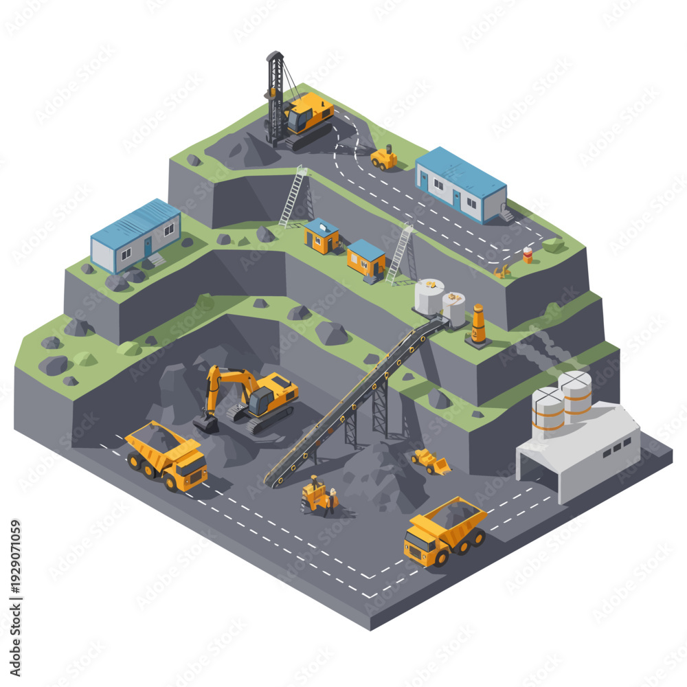 Obraz premium 3D Isometric Mining Site with Heavy Machinery.