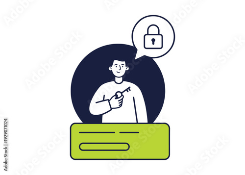 Man holds key with lock symbol in speech bubble representing security and access granted