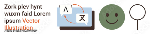 Language translation, online learning, communication tools, emotion expression, search tools, global interaction. Speech bubble with language icons, happy face and magnifying glass. Language