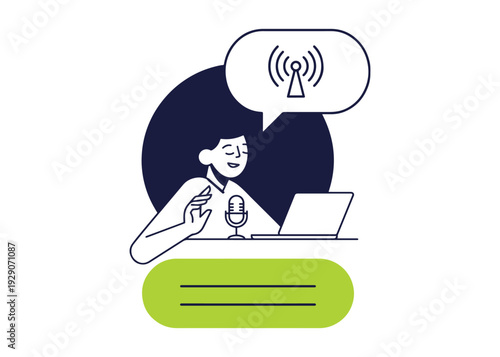 Person speaks into microphone near laptop with wifi symbol in speech bubble