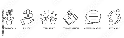 Working Together banner web icon illustration with icon of reach goals, support, team spirit, collaboration, communication, exchange 