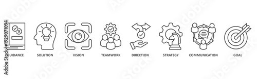Leadership  banner web icon illustration with icon of guidance, solution, vision, teamwork, direction, strategy, communication, goal
