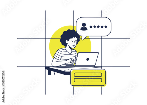 Person smiling using laptop with star rating and user profile icon feedback