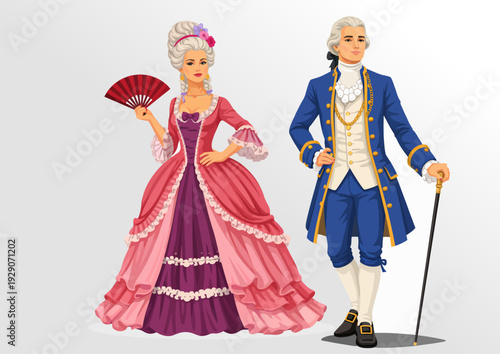 069-48-Elegant woman holding a fan and man with a walking stick in rococo fashion
