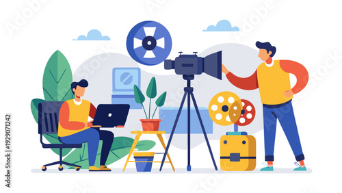 Director and Crew Working on a Movie Set with Camera and Lighting.eps