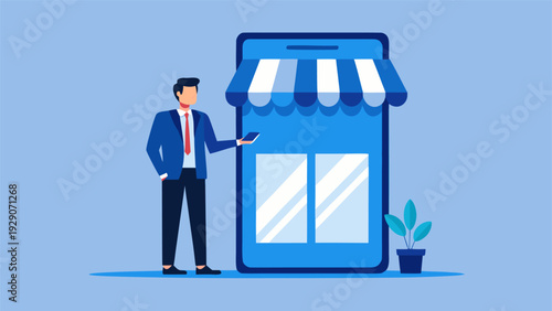 Digital transformation concept with man launching e-commerce shop.eps