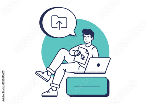 Man sitting with laptop computer uploading digital files to cloud storage folder