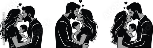 Happy family silhouettes with parents holding baby, love, care and bonding concept, black isolated vector illustration collection with heart symbols
