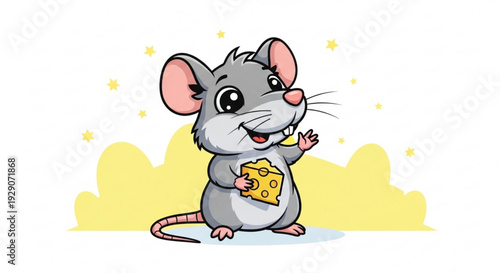 Cartoon mouse happily holding and smelling cheese with one hand up standing on a yellow background with sparkles