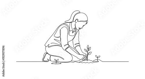 Minimal line art illustration of a woman planting a young seedling in soil. Gardening and environmental care concept symbolizing growth, sustainability and Earth Day activity