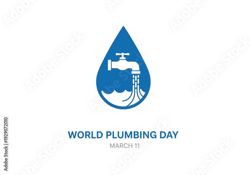World plumbing day logo with blue teardrop and faucet