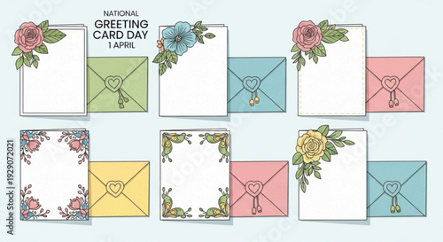 Colorful greeting cards and envelopes with floral designs for national greeting card day on light blue background