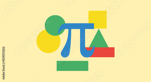 Colorful pi day graphic with vibrant shapes and bold numbers for educational materials. Pi day theme illustrated with geometric figures including circles, squares, and triangles presented visually.