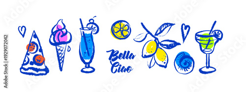 Summer vacation crayon doodle set. Italian Mediterranean coastal stickers. Hand drawn vector illustration. Amalfi sketch beach design.