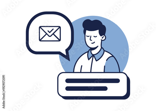 Person with closed eyes, sending email, message bubble with envelope icon