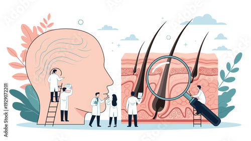 Complex medical illustration showing the internal structure of a human ear and a cross-section of skin with hair follicles.