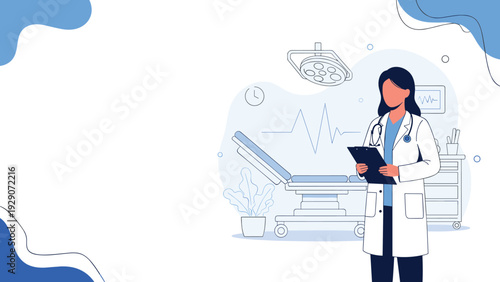 Professional female doctor standing in a modern clinic examination room with a patient bed and medical equipment in background.