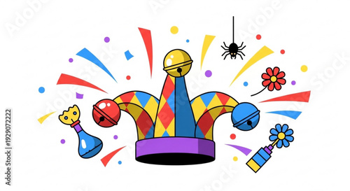 Colorful jester's hat with confetti flowers and a spider symbolizing a festive and playful carnival or party atmosphere with vibrant decorations