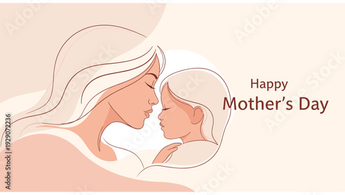 Tender illustration of a mother and child in a gentle embrace for Happy Mother's Day celebration with soft neutral colors.