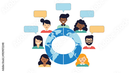Diverse people from around the world connected through global communication illustrated with speech bubbles and a circular world map.