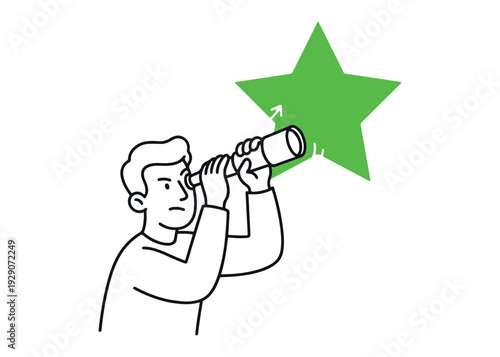 Man looking through telescope at green star symbolizing goal or opportunity