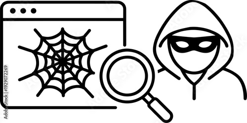 Hacker and Dark Web Search Minimalist Icon - Cyber Security Investigation Line Art Illustration
