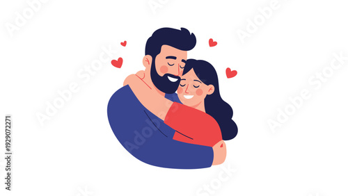 Affectionate man and woman sharing a warm hug surrounded by floating red hearts to represent love, romance, and friendship.