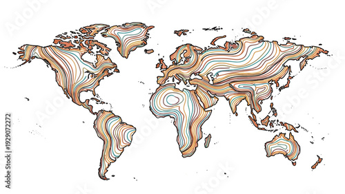 Abstract representation of the world map created using colorful flowing contour lines on a clean white background for geography.