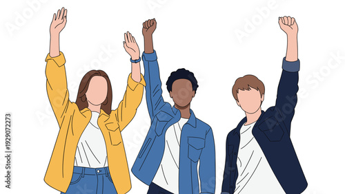Three young people from different ethnic backgrounds raising their fists in a powerful gesture of protest, unity, and activism.