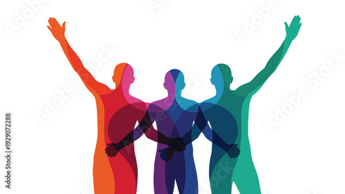 Three abstract multicolored human figures joined at the arms in a strong symbol of unity, teamwork, and social connection.