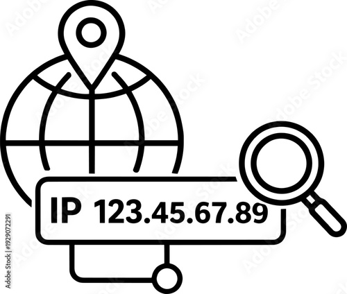 IP Address Geolocation Search Minimal Line Art Illustration and Minimalist Icon. Global network location tracking, internet protocol address lookup, and cybersecurity concept.