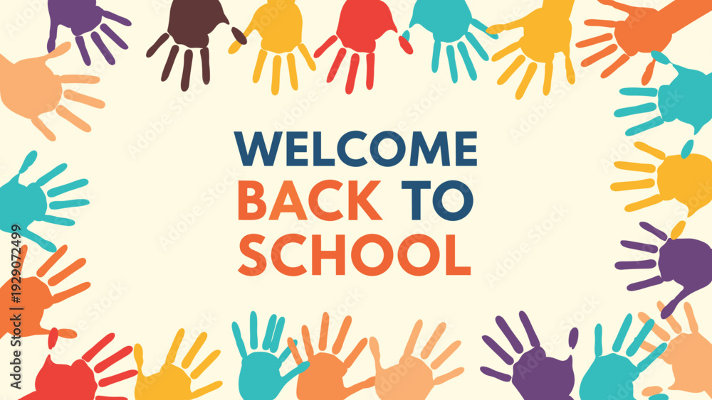 Fototapeta premium Welcome Back to School greeting message surrounded by numerous colorful handprints in various bright shades on a beige ground.
