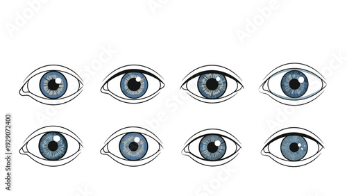 Set of eight detailed illustrations showing different shapes and styles of blue human eyes with various lash and iris textures.