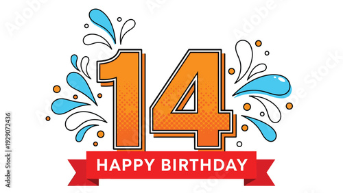 Vibrant fourteenth birthday celebration graphic with orange number fourteen and blue water splash elements on white background.