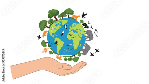 Human hand gently supporting the planet earth globe which is surrounded by diverse wild animals, birds, and green trees.