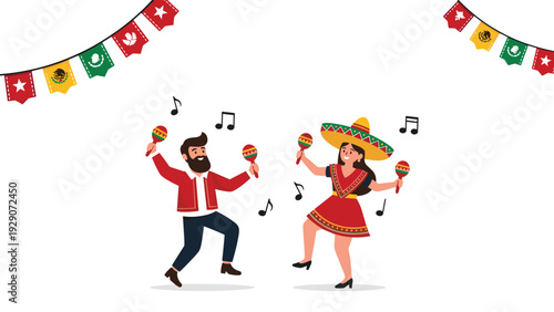 Man and woman wearing traditional Mexican clothing dancing happily with maracas during a festive cultural celebration.