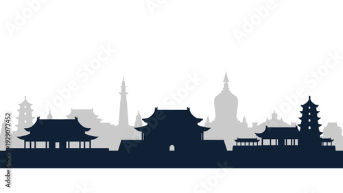 Dark blue and grey silhouette of various traditional Asian architectural structures like pagodas and temples on white.