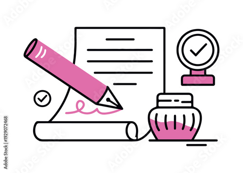 Fountain pen writing on paper with inkwell and check mark business contract