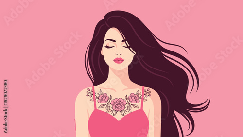 Beautiful young woman with long dark flowing hair and a detailed pink rose floral tattoo across her chest on pink background.