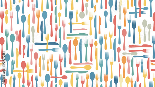 Seamless repeating pattern featuring various colorful silhouettes of forks, spoons, and knives in blue, yellow, and red.
