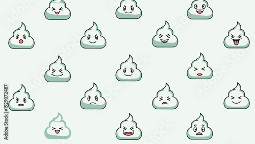 Fun repeating pattern of cute white characters with various funny facial expressions on a light grey background for design.